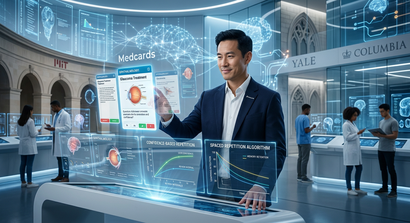 Médico fundador interagindo com plataforma de estudos Medcards, destacando flashcards digitais e algoritmos de IA para memorização de conteúdo médico.
