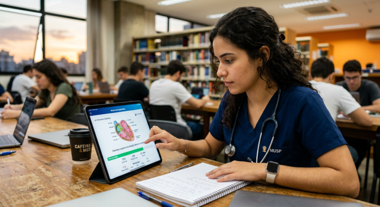Estudante de medicina utilizando a plataforma Medcards Combo Elite em um tablet, mostrando flashcards digitais e progresso de estudo, enfatizando acesso móvel fluido e eficiente.