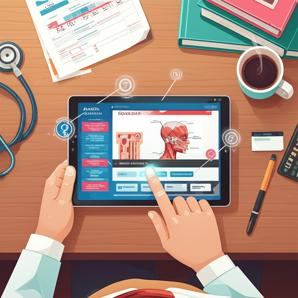 Estudante de medicina usando a plataforma Medcards Combo Elite no tablet, com flashcards, imagens anatômicas e algoritmo de repetição espaçada visível.