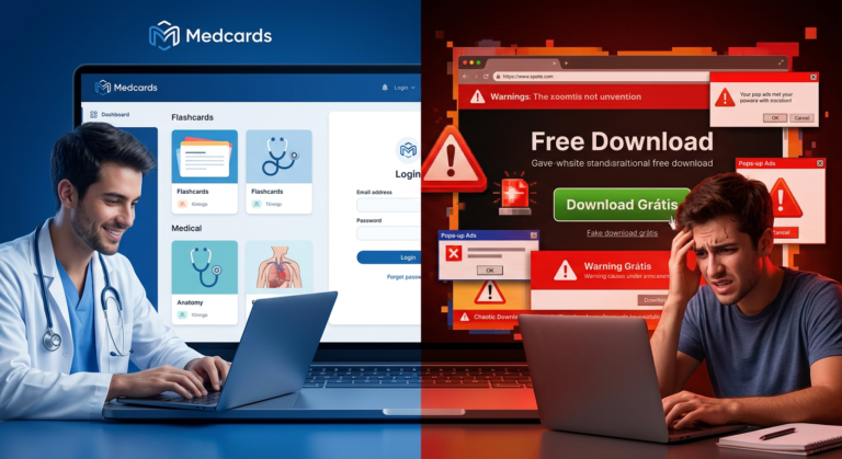 Comparação entre o login oficial do Medcards Combo Elite e a armadilha de download gratuito, mostrando a interface segura ao lado de uma página falsa.