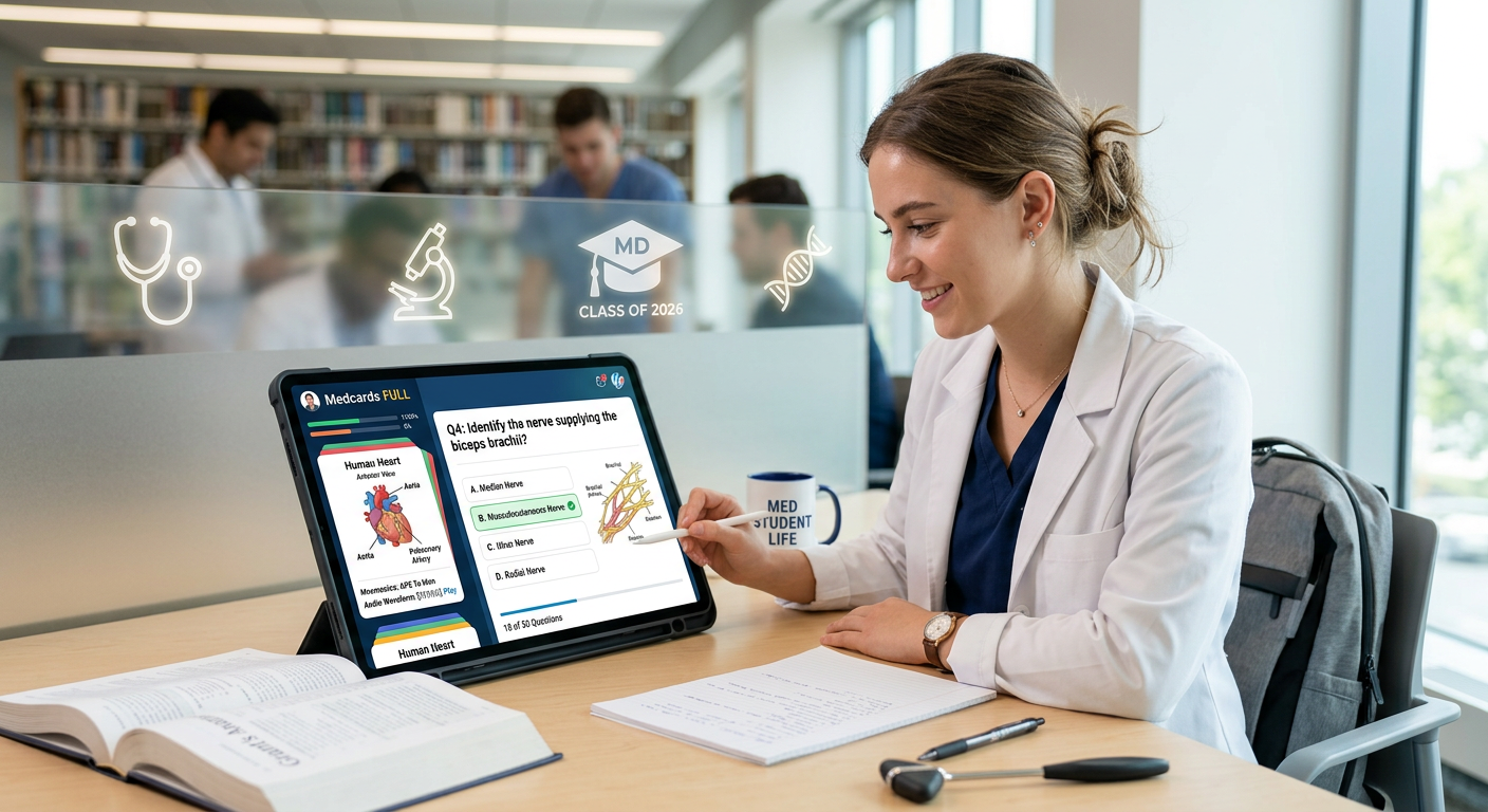 Tela de tablet mostrando a interface do Medcards FULL com flashcards médicos coloridos, ícones de anatomia, áudio de ausculta e lista de questões de residência.