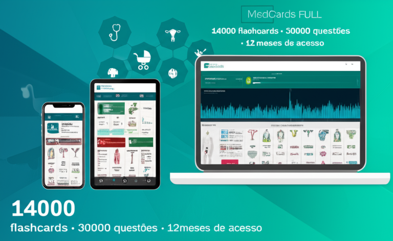 Ilustração de estudante de medicina usando o Medcards FULL Smart Flashcards em smartphone, tablet e laptop, exibindo flashcards coloridos de diversas especialidades médicas.
