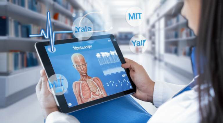 Estudante de medicina usando tablet com flashcards coloridos da Medcards, mostrando algoritmo de repetição espaçada.