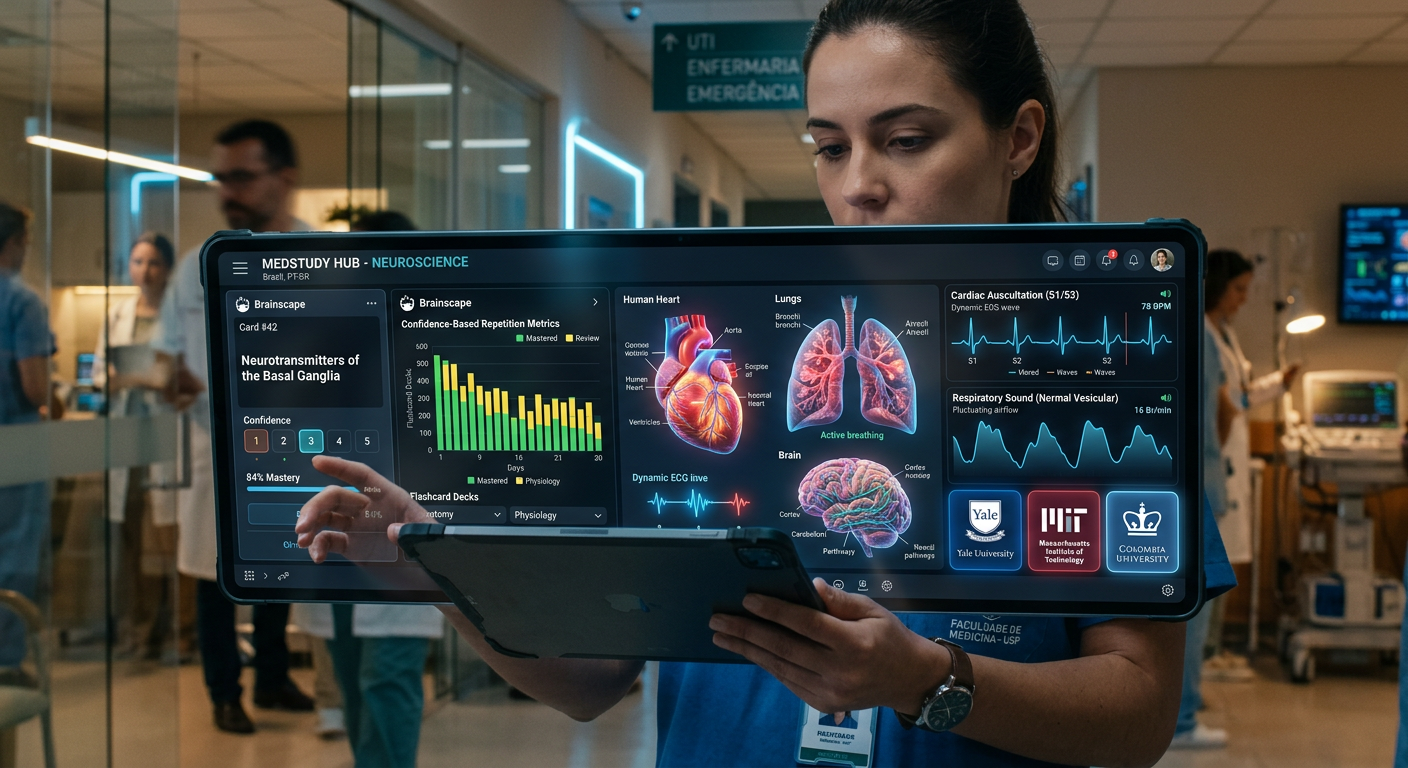 Dashboard do Medcards mostrando flashcards interativos, ilustrações anatômicas 3D e ondas de ausculta cardíaca e pulmonar em um ambiente hospitalar brasileiro.