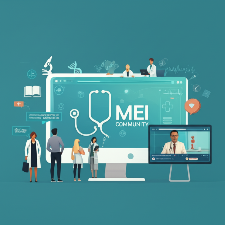 Ilustração de comunidade online de médicos estudando inglês médico, com tela de videoaula e ícones de saúde e linguagem.