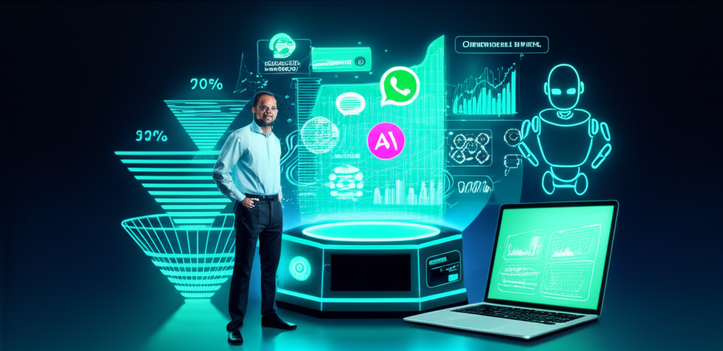 Mentor Borges next to an automated sales machine with WhatsApp, Meta Ads and AI funnel graphics