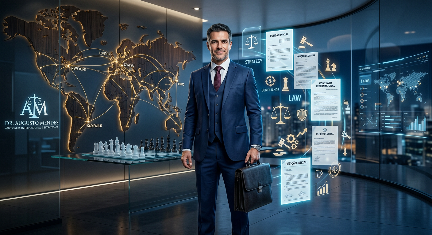 Advogado em terno diante de mapa-múndi e tabuleiro de xadrez, cercado por documentos jurídicos holográficos, representando grandes operações legais.