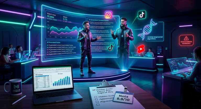 Ilustração do Mestre do Algoritmo ensinando estratégias avançadas de growth hacking e monetização de atenção em redes sociais, com gráficos de watch time e ícones de Instagram, TikTok e YouTube Shorts.