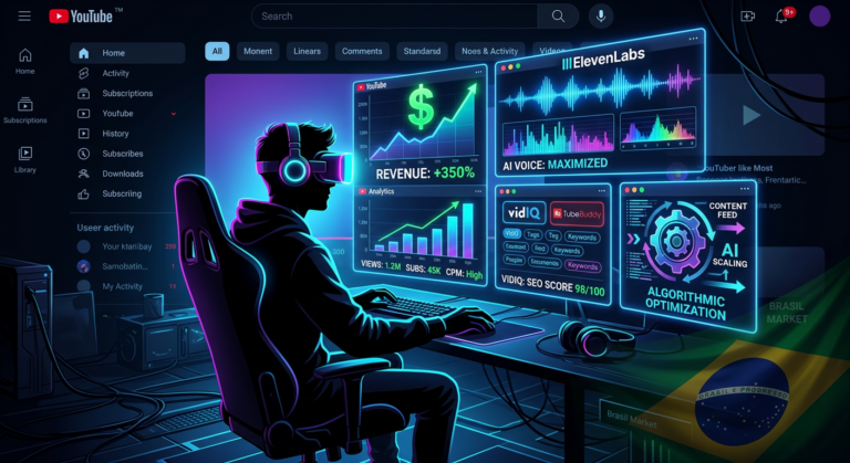 Ilustração de um criador de conteúdo faceless usando IA e ferramentas de SEO para gerar renda no YouTube, com gráficos de desempenho e símbolos de dinheiro.