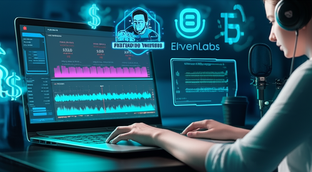 Estação de trabalho digital com painel de Analytics do YouTube, ferramentas de IA de voz e SEO, e logo do curso Mestres do Algoritmo, representando a estratégia de canais faceless.