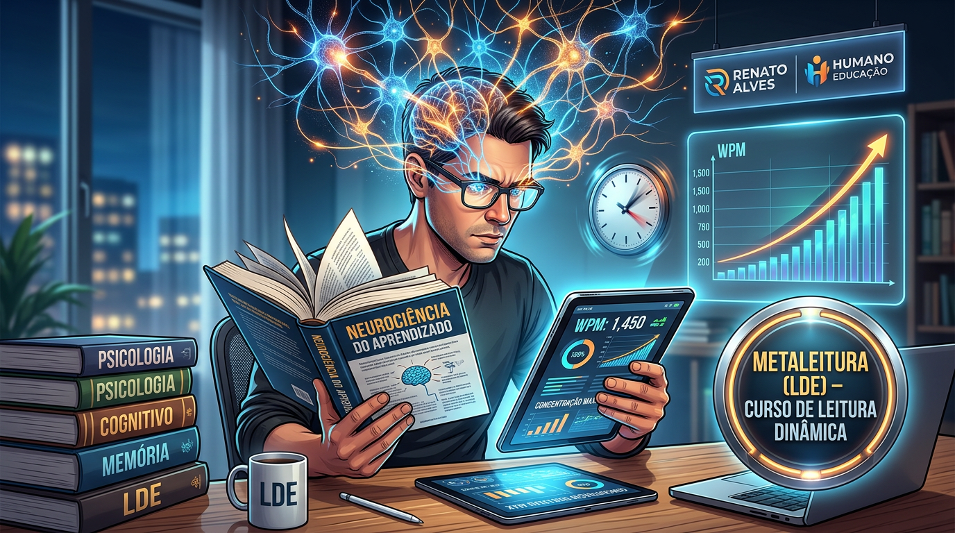 Ilustração de um leitor concentrado com rede neural brilhante, representando o método Metaleitura de Renato Alves para acelerar a leitura.