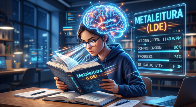 Ilustração de estudante praticando Metaleitura (LDE) com cérebro iluminado e indicadores de velocidade de leitura.