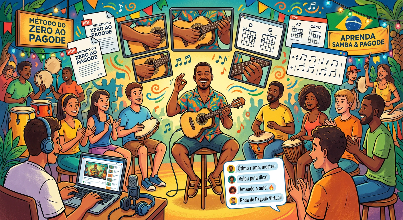 A teacher demonstrating pagode rhythm on a cavaquinho while students watch, with multi‑angle video screens and musical notation highlighting the Método Do Zero ao Pagode.