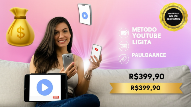 Mulher usando celular e tablet, comparando o método pago 'Mulher Milionária' com conteúdo gratuito do YouTube, rodeada de ícones de dinheiro, redes sociais e marketing de afiliados.