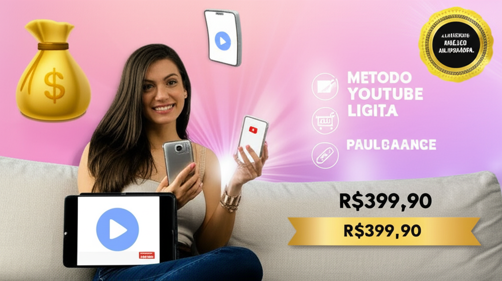Mulher usando celular e tablet, comparando o método pago 'Mulher Milionária' com conteúdo gratuito do YouTube, rodeada de ícones de dinheiro, redes sociais e marketing de afiliados.
