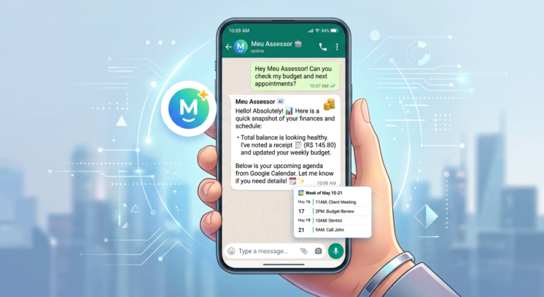 Ilustração de um smartphone com WhatsApp mostrando o assistente de IA do Meu Assessor, ícones de finanças e calendário sincronizado.