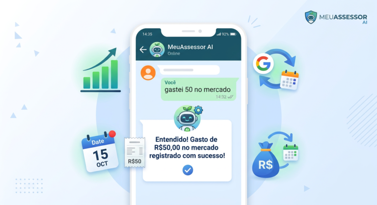 Ilustração de um celular exibindo conversa no WhatsApp com o assistente financeiro MeuAssessor, mostrando comandos de gasto e ícones de gráficos, calendário e dinheiro.