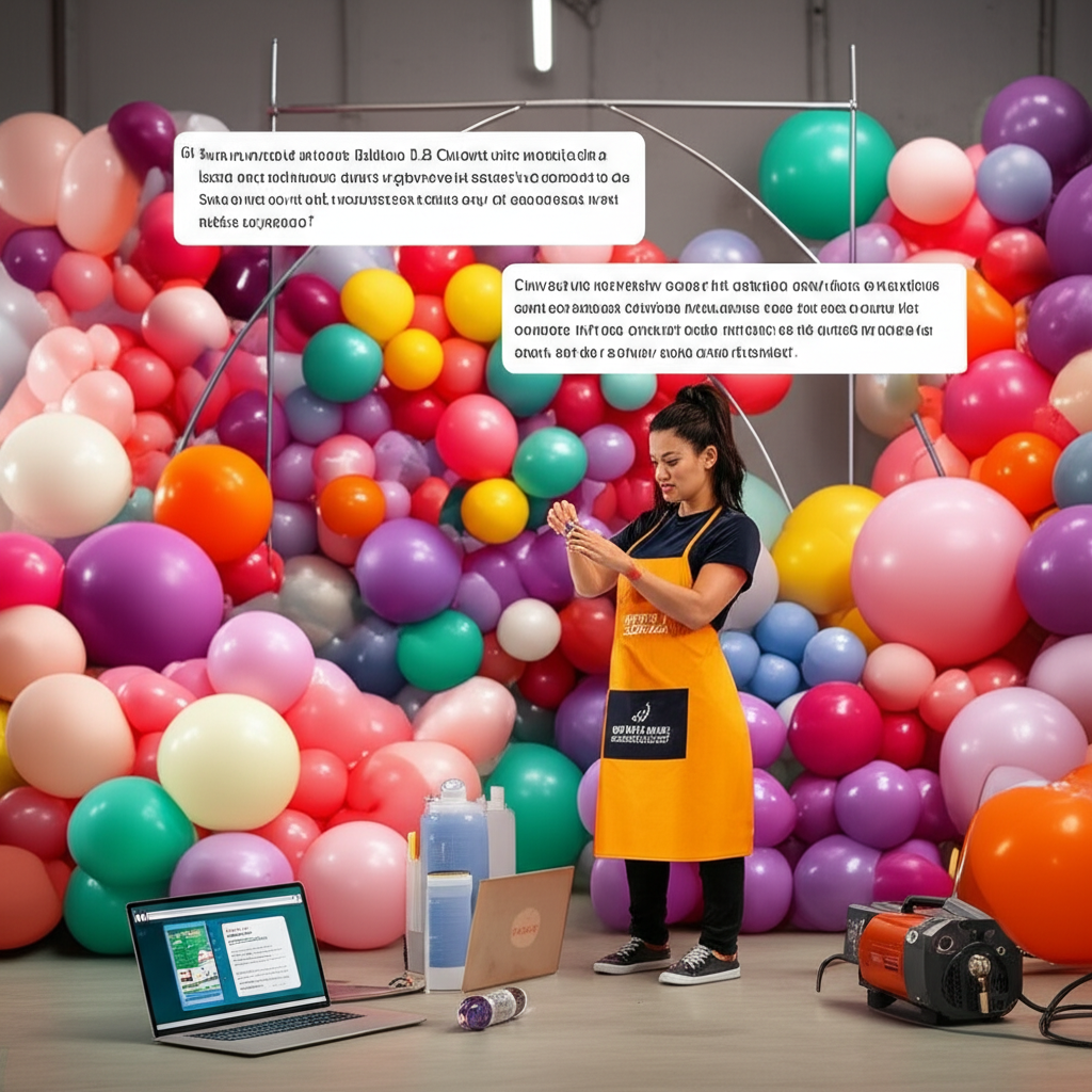 Decorador profissional montando um cenário complexo de balões premium, usando técnicas avançadas da Universidade Cenário Balões 2.0.