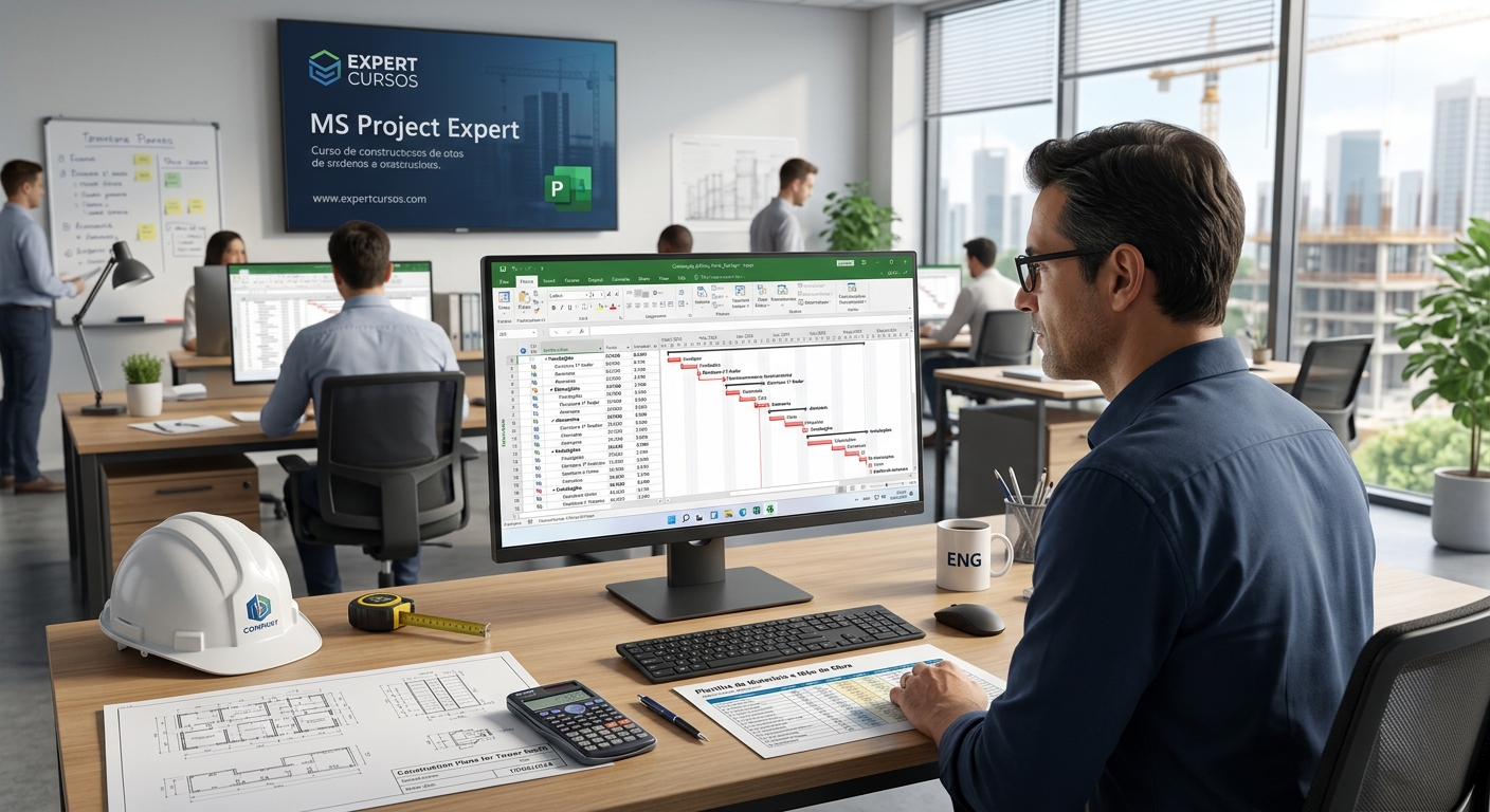 Engenheiro usando Microsoft Project em computador Windows, com gráfico de Gantt de obra, planilhas e blueprints ao fundo.