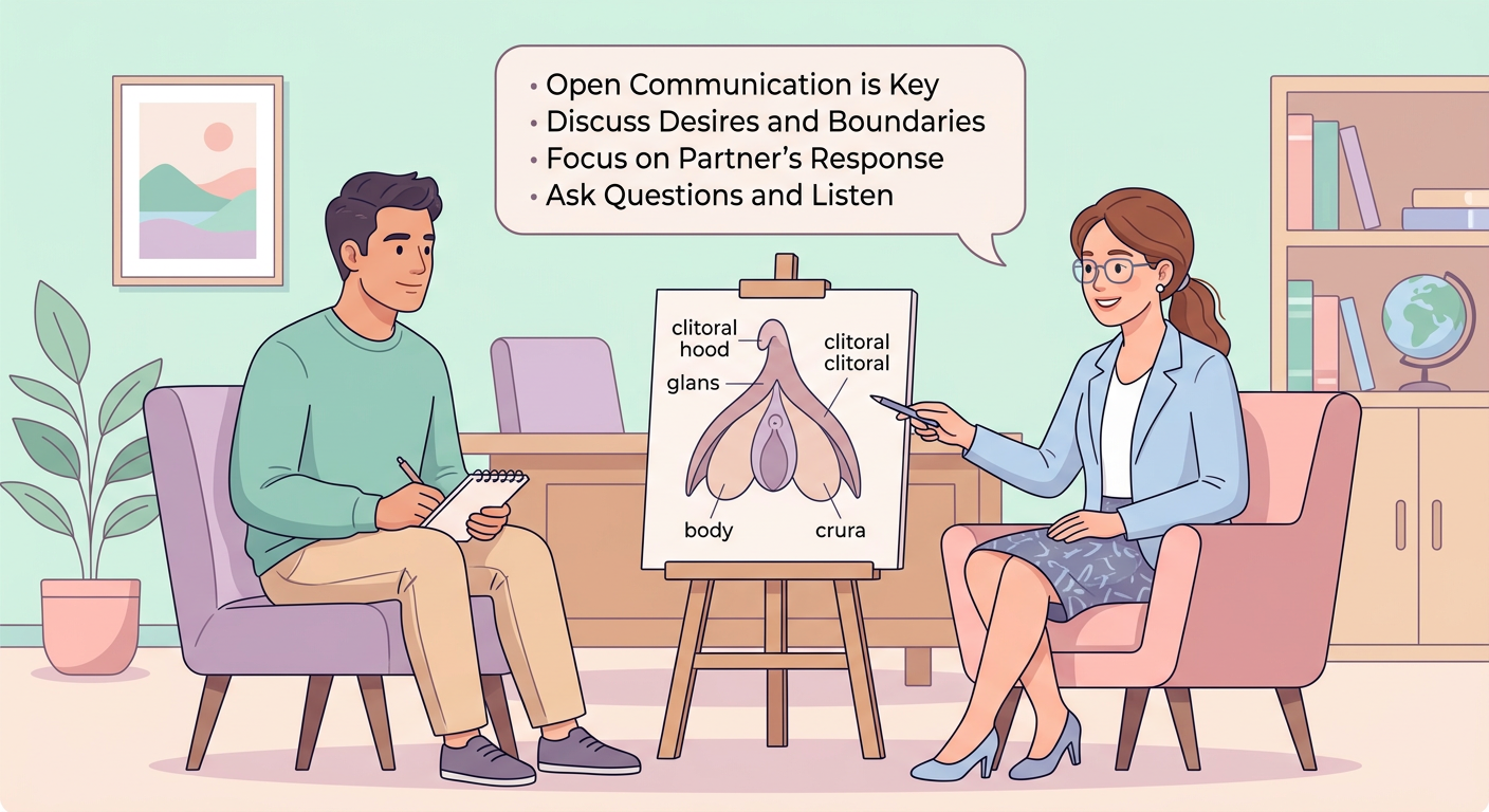 Ilustração educativa de um homem aprendendo técnicas de sexo oral com apoio de uma sexóloga, destacando a anatomia feminina e a comunicação entre parceiros.