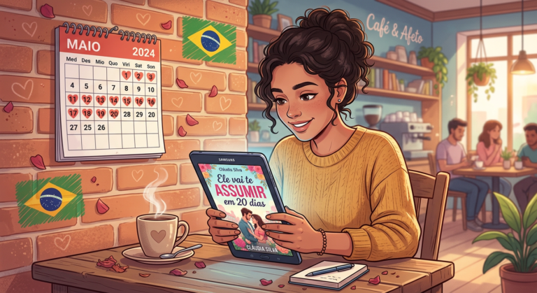 Ilustração de mulher lendo o ebook 'Ele vai te ASSUMIR em 20 dias' em um tablet, com calendário de 20 dias marcado por corações ao fundo.