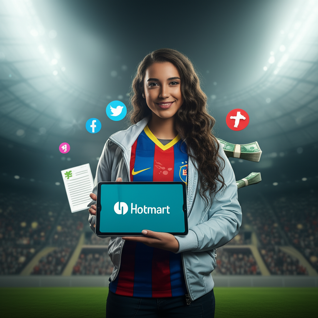 Jovem modelo vestida com camisa de time brasileiro, segurando tablet da Hotmart, em frente a estádio lotado, simbolizando o curso Musa do Brasileirão.