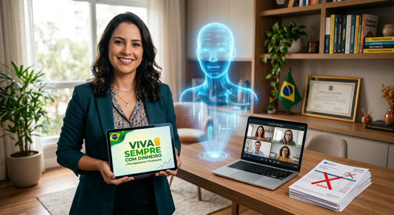 Nádia Pace apresentando o curso Viva Sempre com Dinheiro ao lado da IA Nádio, com documentos financeiros e laptop ao fundo.