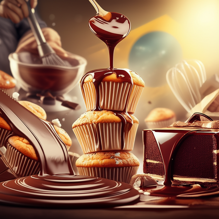 Chef confeiteiro preparando diferentes tipos de ganache em um ambiente de cozinha profissional, com ganache brilhante sobre cupcakes, bolo e em tigela.
