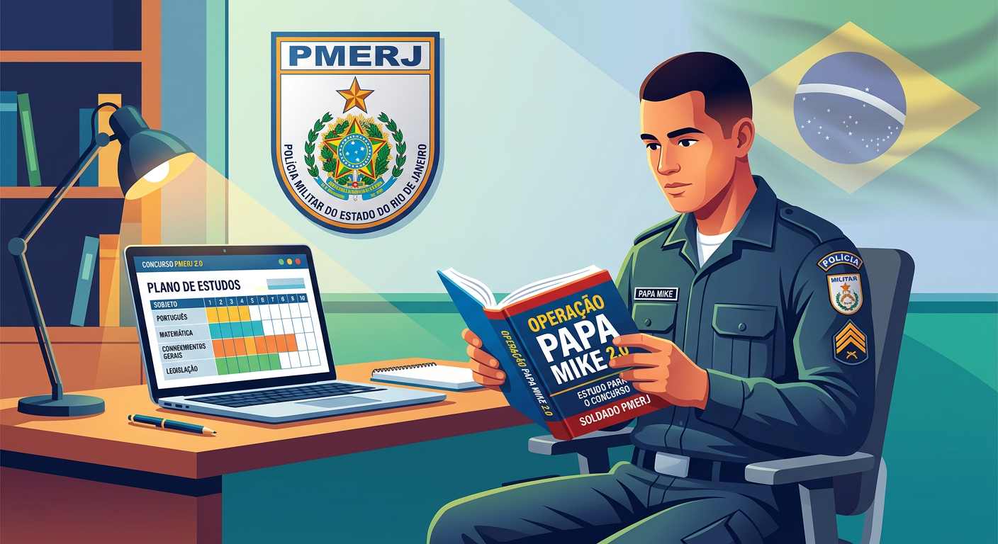 Ilustração de soldado da PMERJ estudando o curso Operação Papa Mike 2.0 com material didático, laptop e emblema da corporação.