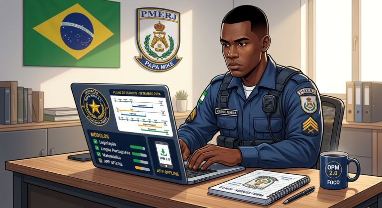 Ilustração do curso Operação Papa Mike 2.0 para o concurso da PMERJ, mostrando um soldado estudando com laptop, bandeira do Brasil e símbolos da polícia.