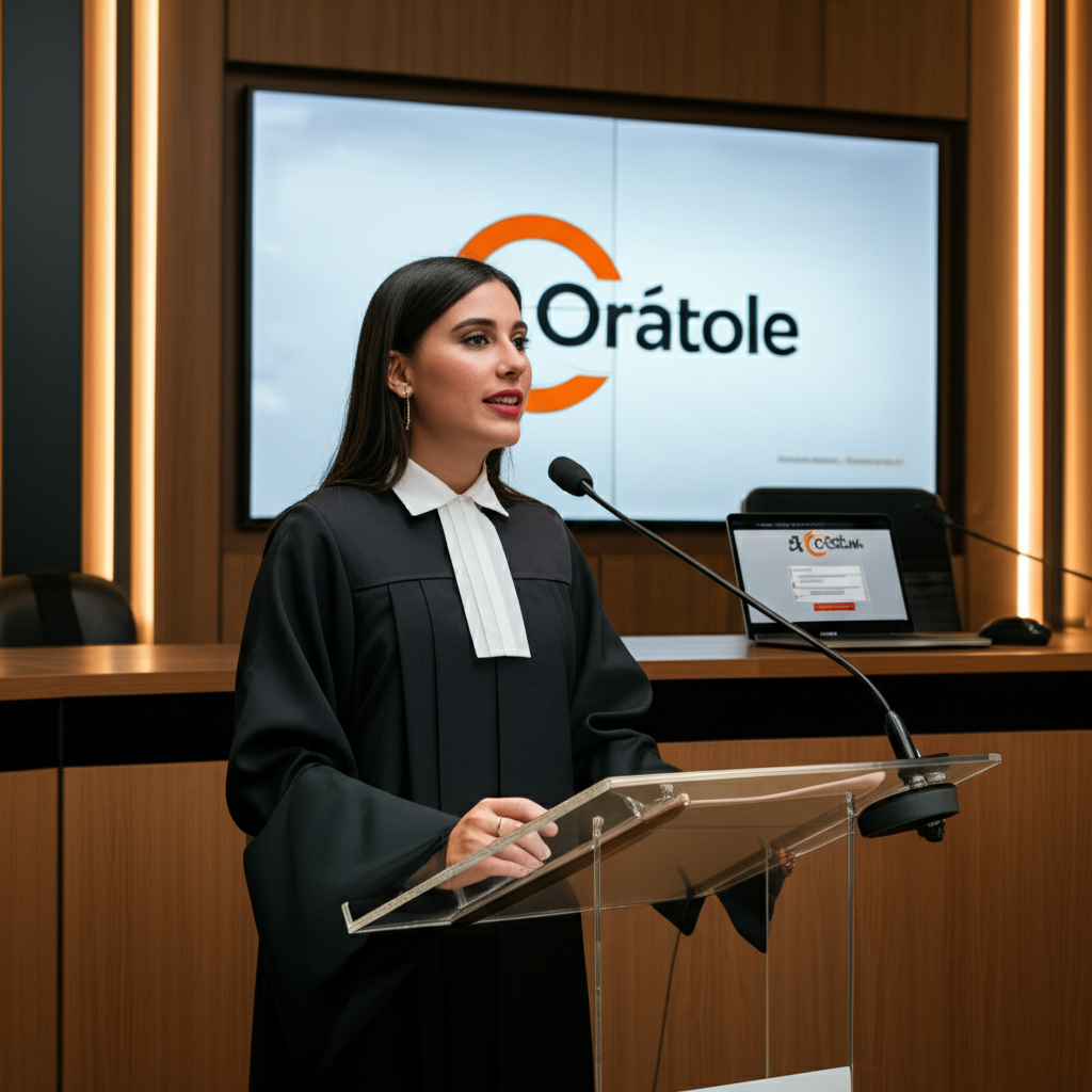 Advogado confiante apresentando argumentação oral em tribunal, com logo do curso Orátole ao fundo.
