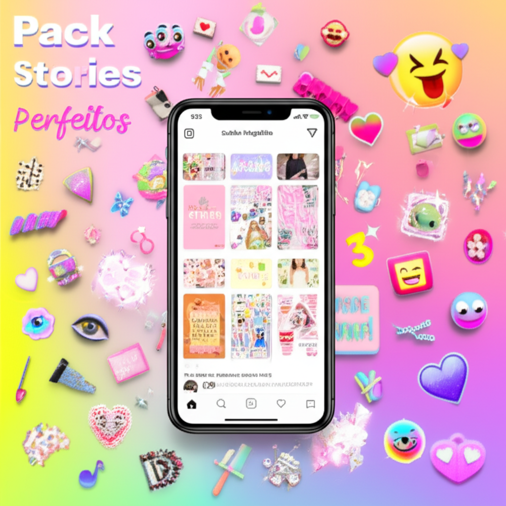 Smartphone showing an Instagram story packed with colorful stickers and templates from the Pack Stories Perfeitos by Suelen Magalhães.