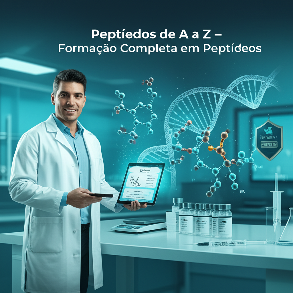 Ilustração digital de um curso online sobre peptídeos, com nutricionista profissional em laboratório, tablet exibindo estruturas moleculares, frascos de peptídeos, seringas e holograma de DNA.