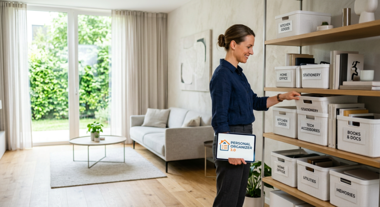 Personal Organizer 3.0 – profissional organizando um ambiente residencial com método prático e certificação.