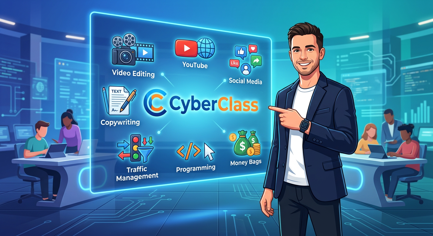 Peter Jordan (Petaxxon) presenting the CyberClass platform with holographic icons of digital skills and monetization.