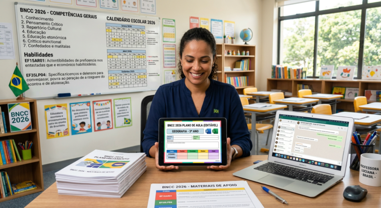 Professor brasileiro usando tablet com modelos editáveis de Planejamentos BNCC 2026 em sala de aula moderna.
