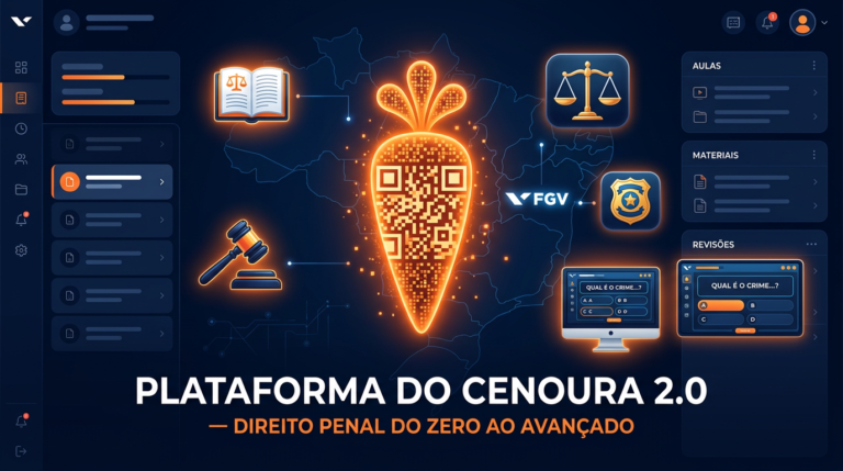 Ilustração da Plataforma Cenoura 2.0 com ícones de direito, polícia e QR Code em estilo digital.