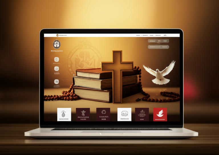 Ilustração da plataforma Reconquista dos Arautos do Evangelho, mostrando um laptop aberto com ícones de cursos católicos, cruz, livros e símbolos religiosos.