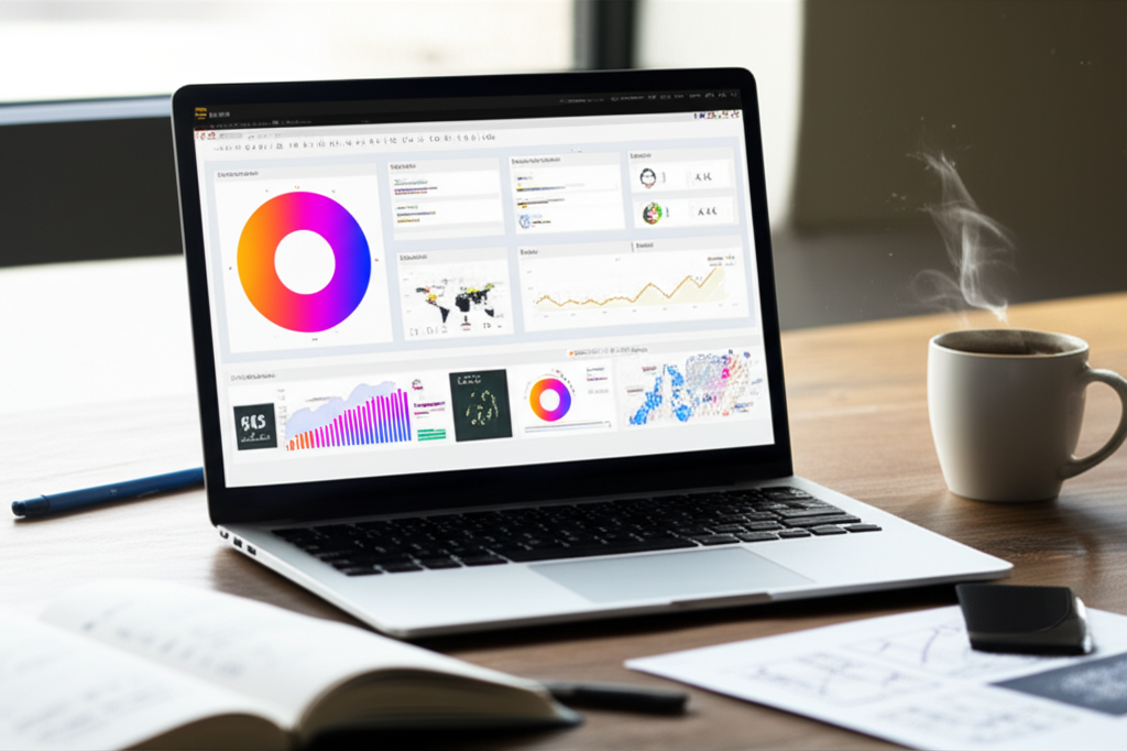 Laptop screen showing a colorful, professionally designed Power BI dashboard with charts, KPI cards, and map visual.