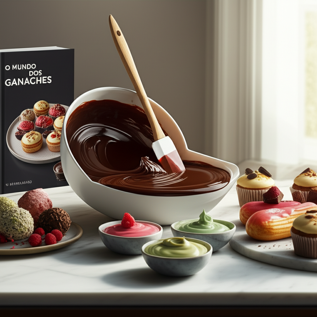 Problemas no acesso ao *O mundo dos ganaches*? Veja a solução completa! 1 Ilustração de um chef preparando ganache de chocolate em uma bancada com utensílios, bolos e o livro “O mundo dos ganaches” ao fundo.