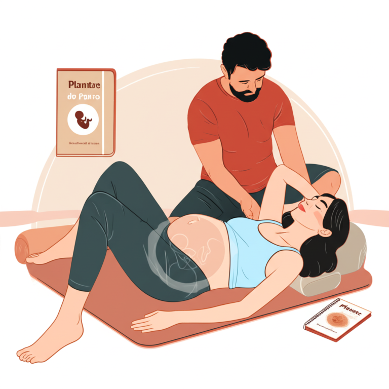 Gestante praticando exercícios de fisioterapia obstétrica com apoio do parceiro, simbolizando preparação para um parto humanizado.
