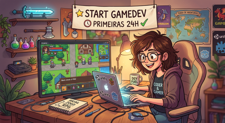 Ilustração de um iniciante em desenvolvimento de jogos criando um RPG 2D top‑down no computador, com mapas, NPCs, crafting e combate visíveis na tela.