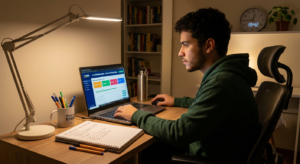 Estudante focada em seu curso preparatório online para o ENEM, com laptop e materiais de estudo na mesa, representando o início da jornada.