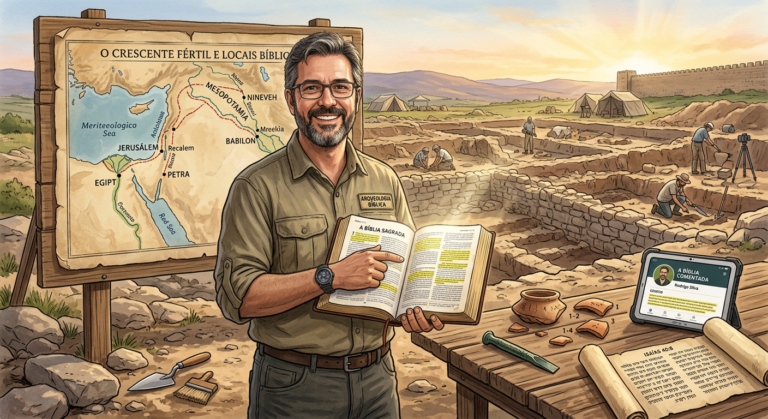 Professor Rodrigo Silva com a Bíblia aberta em um sítio arqueológico, cercado por artefatos antigos e mapa da Terra Santa, representando a integração entre arqueologia e estudo bíblico.