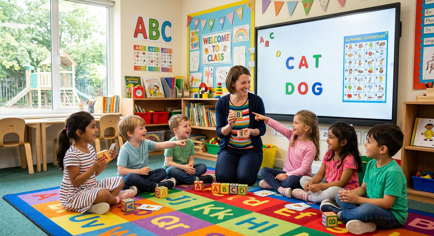 Professora sorridente conduz crianças em atividades lúdicas de alfabetização com blocos de letras coloridos em sala de aula.