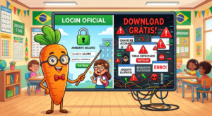 Professor Cenoura comparando o login oficial seguro com a armadilha do download grátis em uma ilustração educativa.