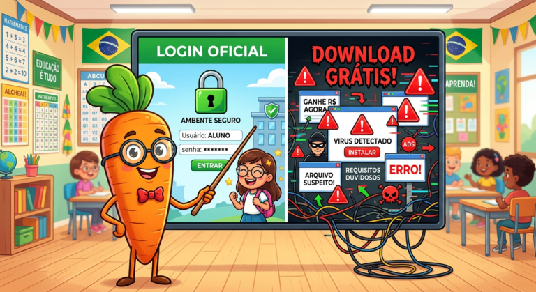 Professor Cenoura comparando o login oficial seguro com a armadilha do download grátis em uma ilustração educativa.