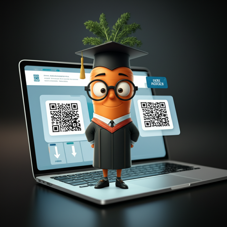 Professor Cenoura em avatar de cenoura professor, com óculos e beca, ao lado de um laptop exibindo QR codes e botão de download gratuito.