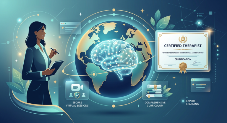 Ilustração do Programa Internacional de Especialização em Psicanálise com globo, cérebro e certificado em inglês