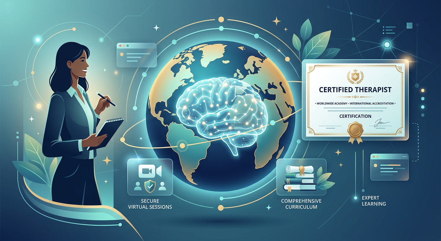 Ilustração do Programa Internacional de Especialização em Psicanálise com globo, cérebro e certificado em inglês